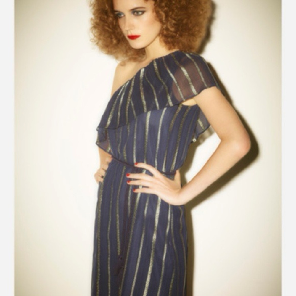 APC d Vanessa Seward Dress One Shoulder Blue gold disco dress size Small